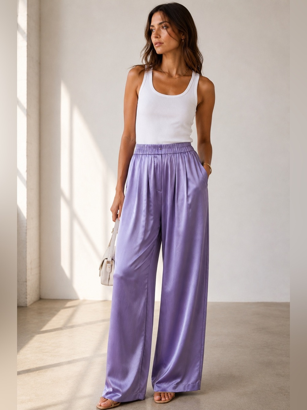 NWT Erika Cavallini Pants Woman Lilac Purple Wide Leg Satin Sz 44